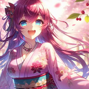 Youthful Female Anime Character in Sunlit Sakura Field