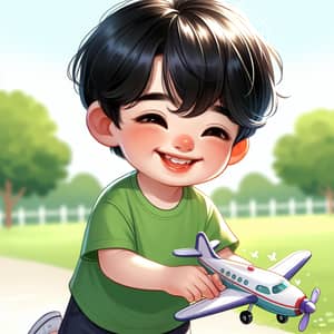 Joyful Asian Boy Playing with Toy Plane in Sunlit Park