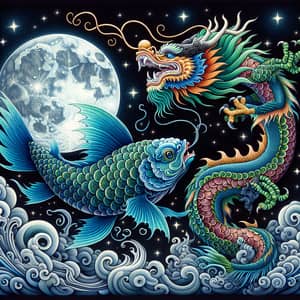Vibrant Fish Dancing with Majestic Chinese Dragon at Night
