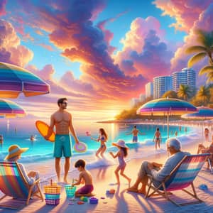 Tranquil Beach Scene with Colorful Umbrellas and Diverse Visitors