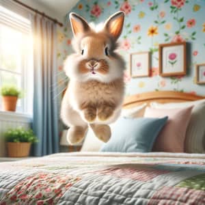 Cheerful Bunny Jumping on Comfy Bed