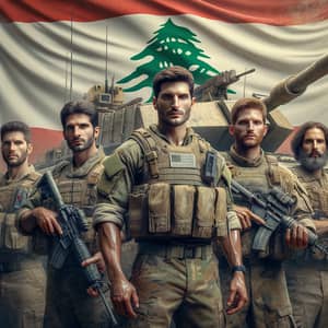 Diverse Soldiers Raising Lebanese Flag in Unity