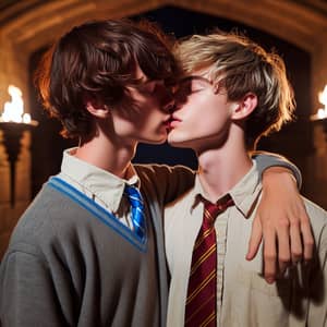 Teenage Boys Kissing in Castle Hallway - Defying House Allegiance