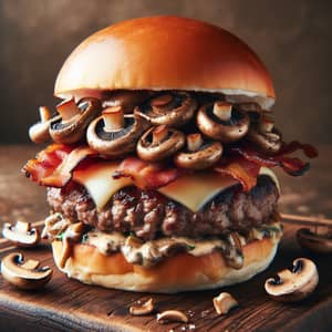 Delicious Burger with Beef, Pork, Bacon & Mushrooms