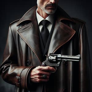 Mysterious Man in Long Leather Coat with Vintage Revolver