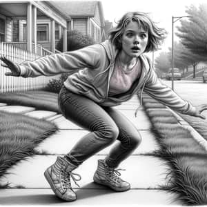 Young Girl Balancing on Sidewalk | Realist Pencil Sketch