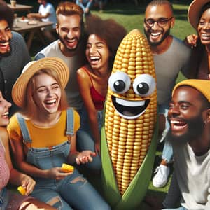 Lively Corn Cob Hanging Out with Diverse Group of Friends
