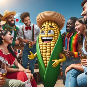 Lively Mexican Corn Cob Enjoying Time with Diverse Friends