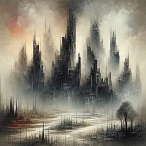 Grim Cityscape with Skeletal Structures and Smoky Haze