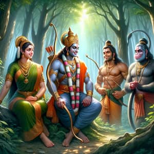 Epic Ramayana Depiction with Rama, Sita, Bharata & Hanuman