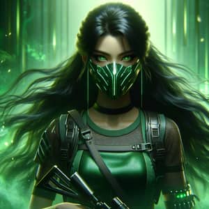 Cyberpunk Woman with Green Metallic Mask and Gun