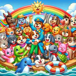 Uplifting Animal Rescue Cartoon: Dogs, Cats, Donkeys, Dolphins & Turtles Embracing