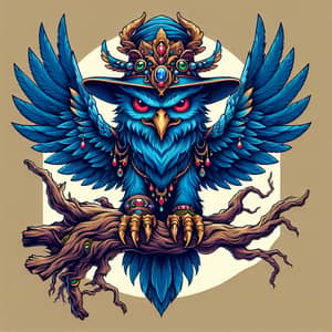 Majestic Owl-Like Demon Character | Royal Blue Feathers