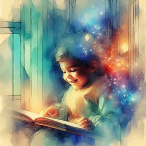 Joyful Child Reading Book | Serene Aquarelle Painting