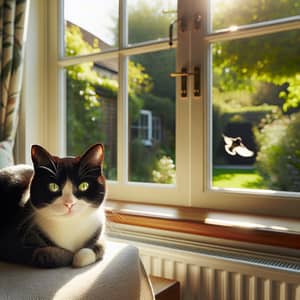 Domestic Short-Haired Cat with Green Eyes on Sunny Windowsill