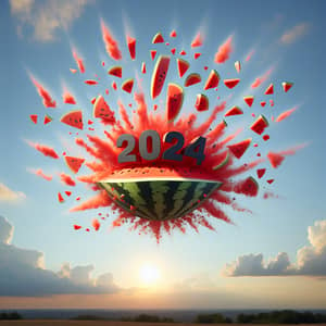2024 Year Emblem Exploding Into Whirling Slices in the Sky
