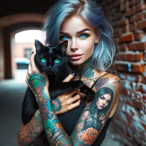 Colorful Tattooed Caucasian Woman with Black Cat in Urban Setting
