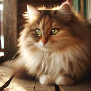 Fluffy Domestic Cat with Vibrant Green Eyes on Wooden Porch