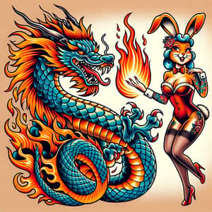 Vibrant Dragon & Bunny Pinup Tattoo Design