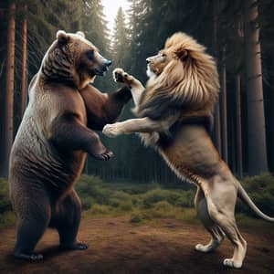 Grizzly Bear vs. African Lion: Playful Tussle in Forest