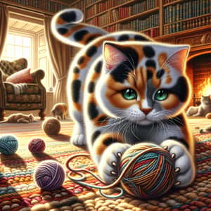 Calico Domestic Cat Playing with Yarn in Cozy Room
