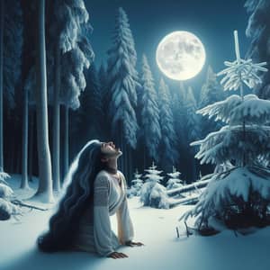 South Asian Woman in Winter Forest Howling at Moon