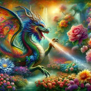 Majestic Dragon Tending Garden of Vibrant Flowers