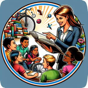 Reading on Wheels Logo: Engaging Teacher & Diverse Students Scene
