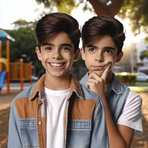 Young Hispanic Boy with Two Expressive Heads in Park Setting