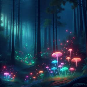 Enchanted Forest with Neon Glowing Mushrooms - Digital Painting