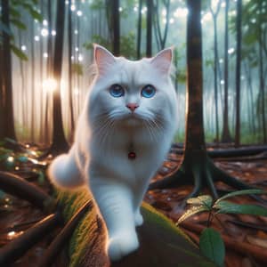 White Cat with Blue Eyes Walking in Forest