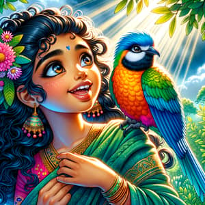 Joyful South Asian Girl with Majestic Bird | Nature Connection