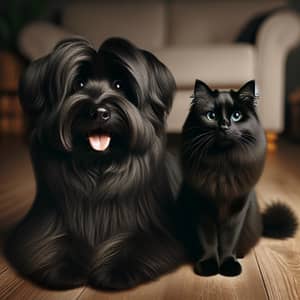 Fluffy Dog and Sleek Cat in Cozy Living Room