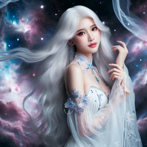 Ethereal East Asian Woman with Long White Hair in Cosmic Setting
