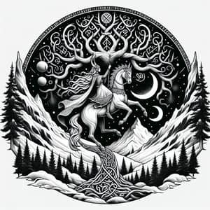 Scandinavian Mythology Tattoo Design Featuring Valkyrie and Yggdrasil