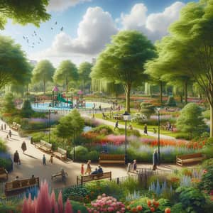 Tranquil City Park: Lush Greenery, Colorful Flowers & Playful Children