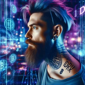 Cyberpunk Style Bearded Man with DDRU1D Neck Tattoo
