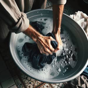 Middle-Eastern Person Hand Washing Clothes - Basin Camera Shot