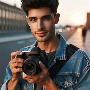 Young Male Photographer with Short Hair Capturing the Perfect Shot