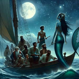 Enchanting Mermaid Captivates Diverse Sailors | Ocean Night Scene