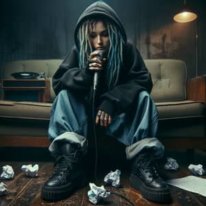 Depressed Caucasian Female Rapper in Dimly Lit Room