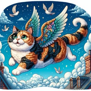 Whimsical Flying Cat Illustration | Magical Scene with Calico Feline