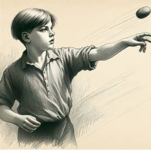 Caucasian Boy Pencil Sketch: Dynamic Pose with Stone Throw