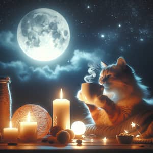 Cat Drinking Coffee Under Moonlight