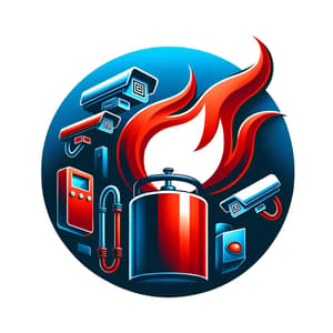 Realistic and Lively Logo in Blue and Red with Flame and Surveillance Theme