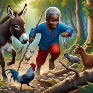 Detailed Illustration of Haitian Boy Playing with Animals in Woods