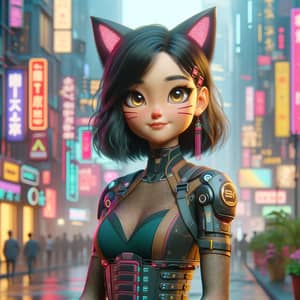Anime Girl with Cyberpunk Cat Ears in Futuristic Metropolis