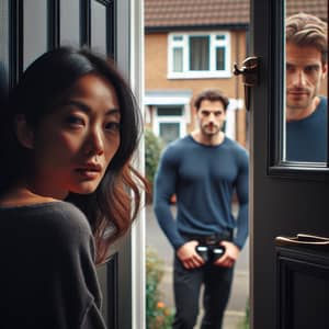 Suspenseful Encounter: Woman Inside House, Men Outside