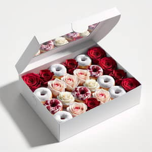White Box Filled with Mini Donuts and Roses - Red Velvet & White Chocolate Flavors