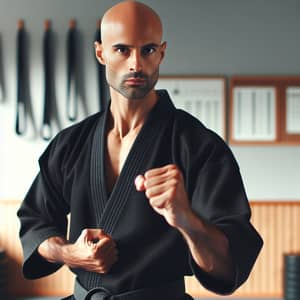 Hispanic Karate Master in Traditional Black Gi | Dojo Stance